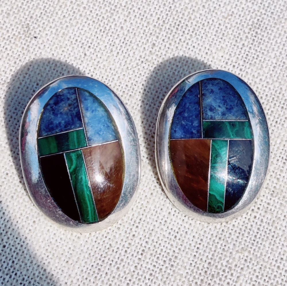 Vintage heavy 950 fine silver Mosaic taxco signed stone earrings - Picture 3 of 15